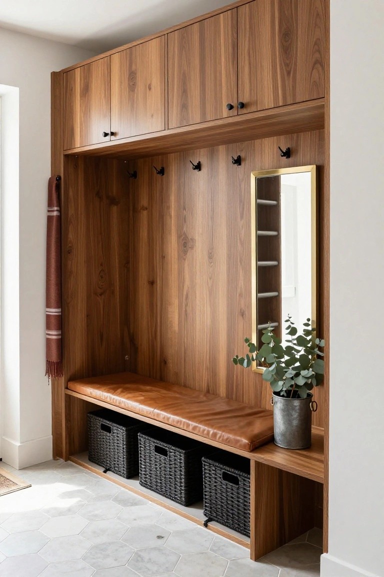Tall walnut wood cabinets line an entryway with coat hooks, a full-length gold-framed mirror, a brown leather bench with black wicker baskets underneath, a galvanized bucket of eucalyptus, and hexagonal white floor tiles.