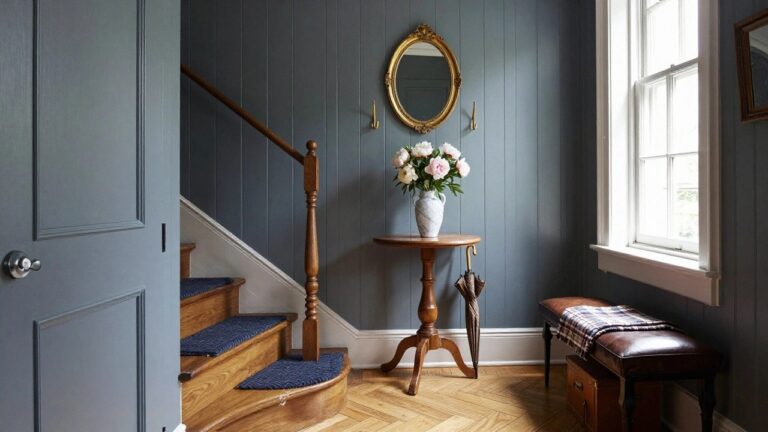 Wooden staircase with dark gray runner in an entry hall featuring pale blue tongue-and-groove paneled walls, gold-framed oval mirror, small round table with white peony bouquet and lamp next to umbrella stand, leather bench with plaid throw, and herringbone parquet floor.