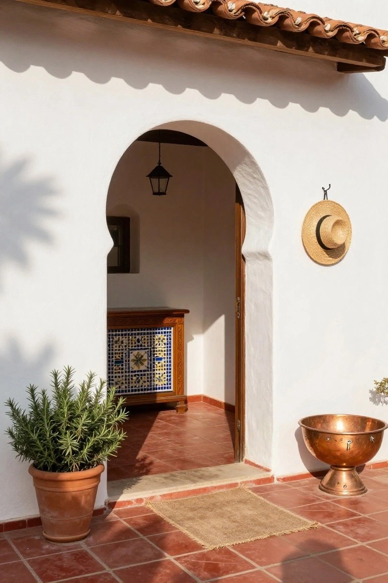 White stucco exterior wall with wide arched wooden doorway leading to interior room containing wooden cabinet with blue and white tiles and hanging lantern, outdoor terracotta tile patio with potted rosemary plant, straw hat on wall, copper bowl on stand, and woven mat.