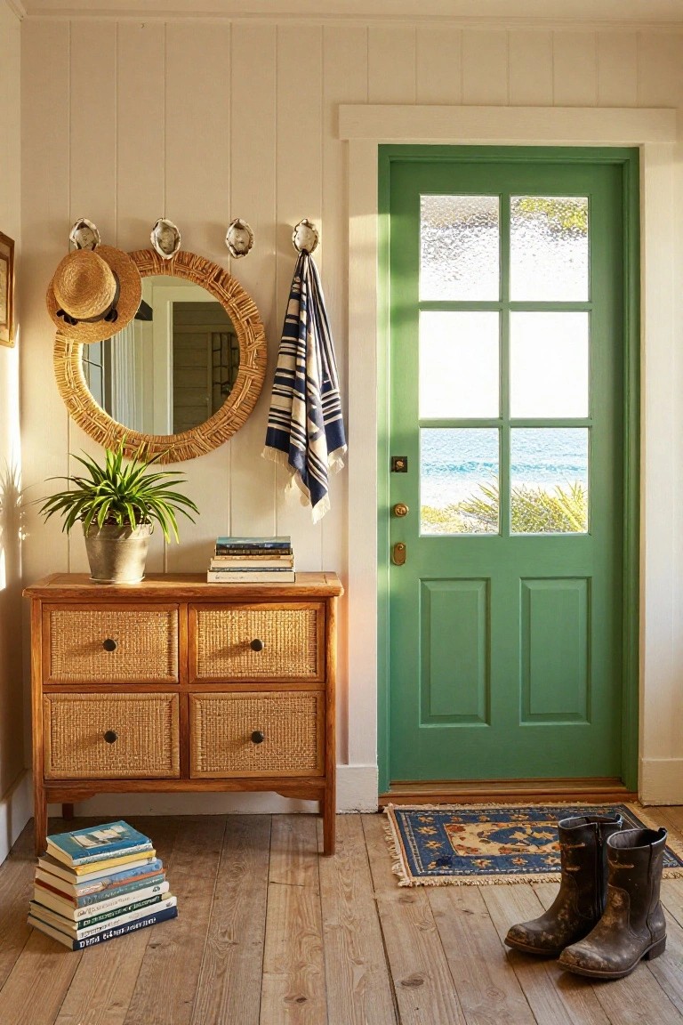 Entry hall interior with rattan dresser topped by potted plant and books, large round woven mirror hanging nearby with straw hat on top, blue-and-white towel on shell hooks, green paneled door showing ocean view, stack of books on floor, and pair of black rubber boots on patterned rug.