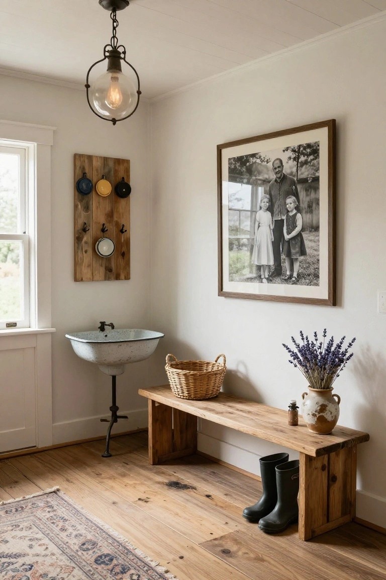 White interior mudroom with pendant globe light, wooden wall rack holding colorful bowls and hooks, large black-and-white framed family photo, pedestal white enamel sink, wooden bench with green rain boots, wicker basket, lavender vase, and woven rug on wood floor.