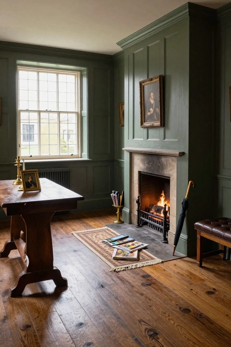 A cozy interior room with sage green paneled walls, a stone fireplace with fire, wooden desk, framed portraits, brass candlesticks, and wide plank oak floors.