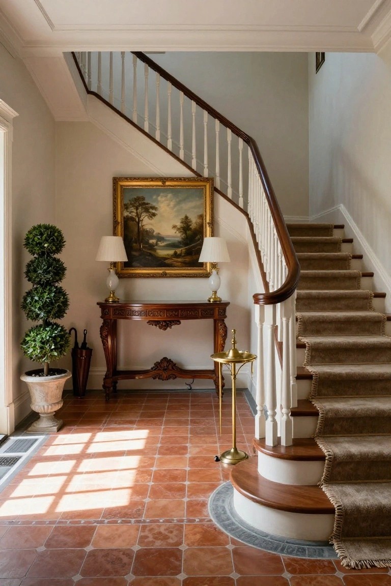 Elegant entrance hall with curved wooden staircase, white balusters, mahogany console table topped with lamps and brass stand, landscape painting above, topiary plants in pots, umbrella stand, and terracotta tile floors.
