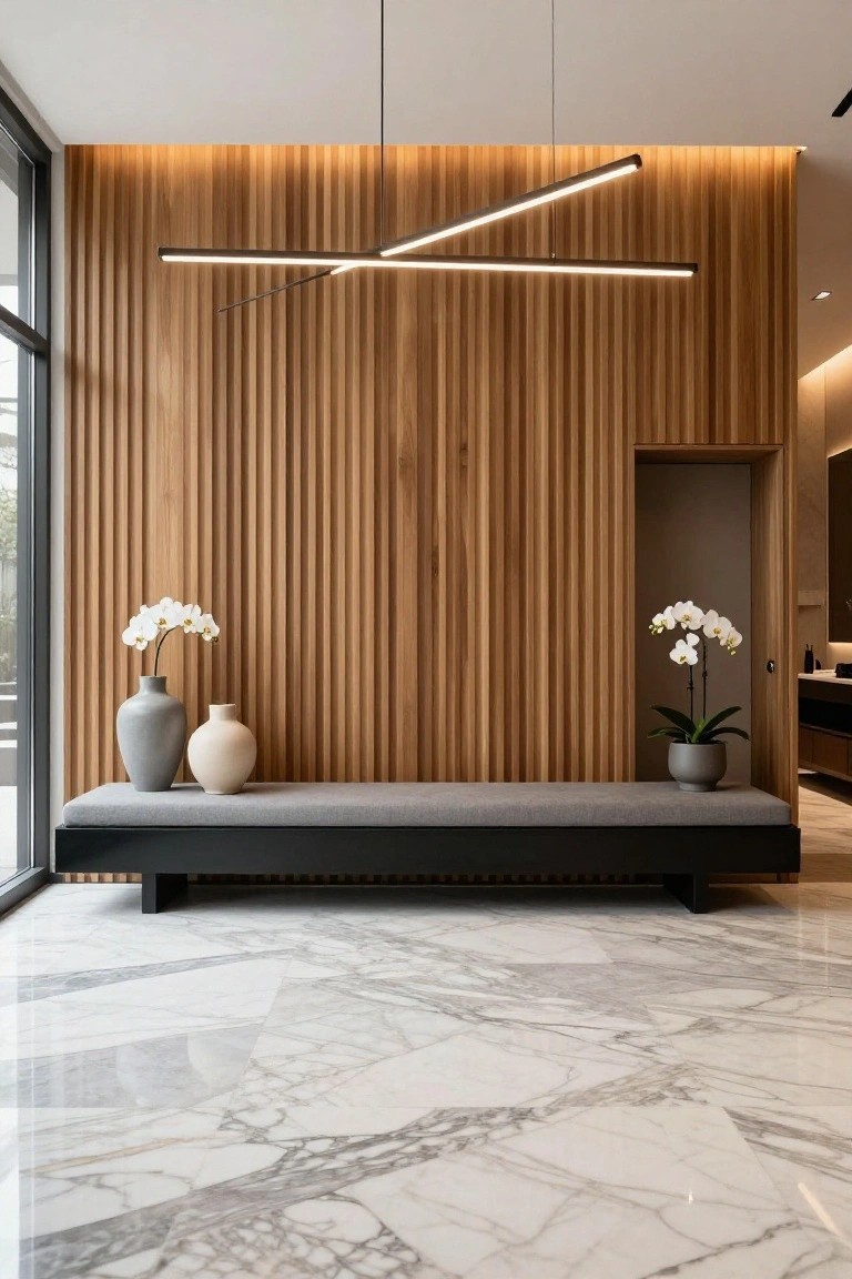 Modern interior entrance hall with light vertical wood slat wall, black bench with gray cushion, two ceramic vases holding white orchids, linear pendant LED lights overhead, white marble tile floor, large window, and open doorway to adjacent room.