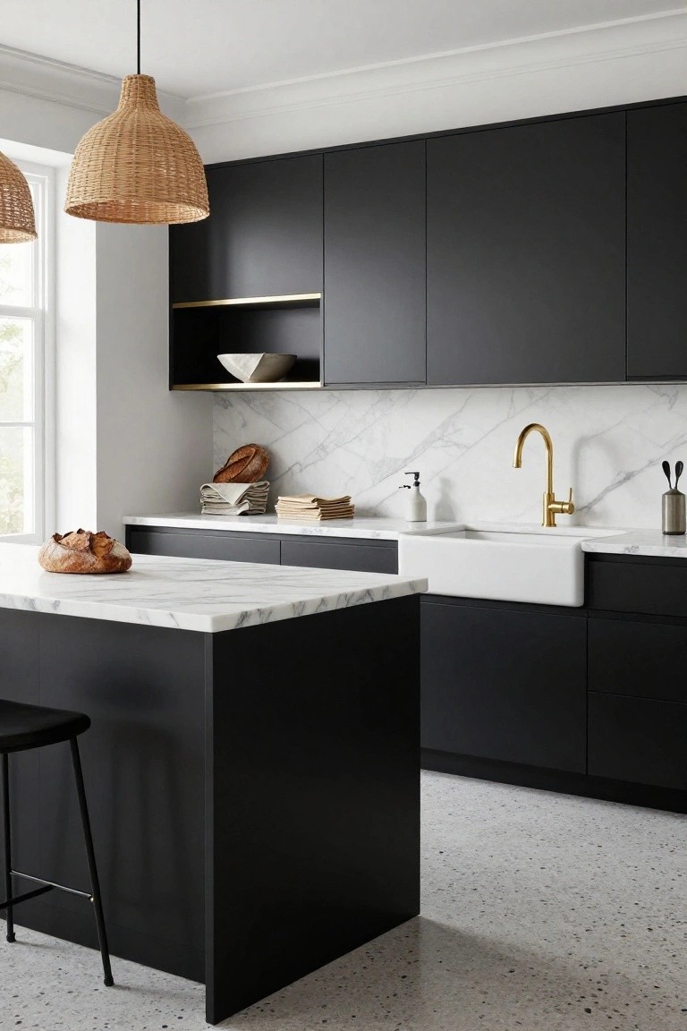Modern kitchen interior with matte black cabinets, white marble countertops and backsplash, gold gooseneck faucet over white farmhouse sink, rattan pendant lights, and speckled terrazzo floor.