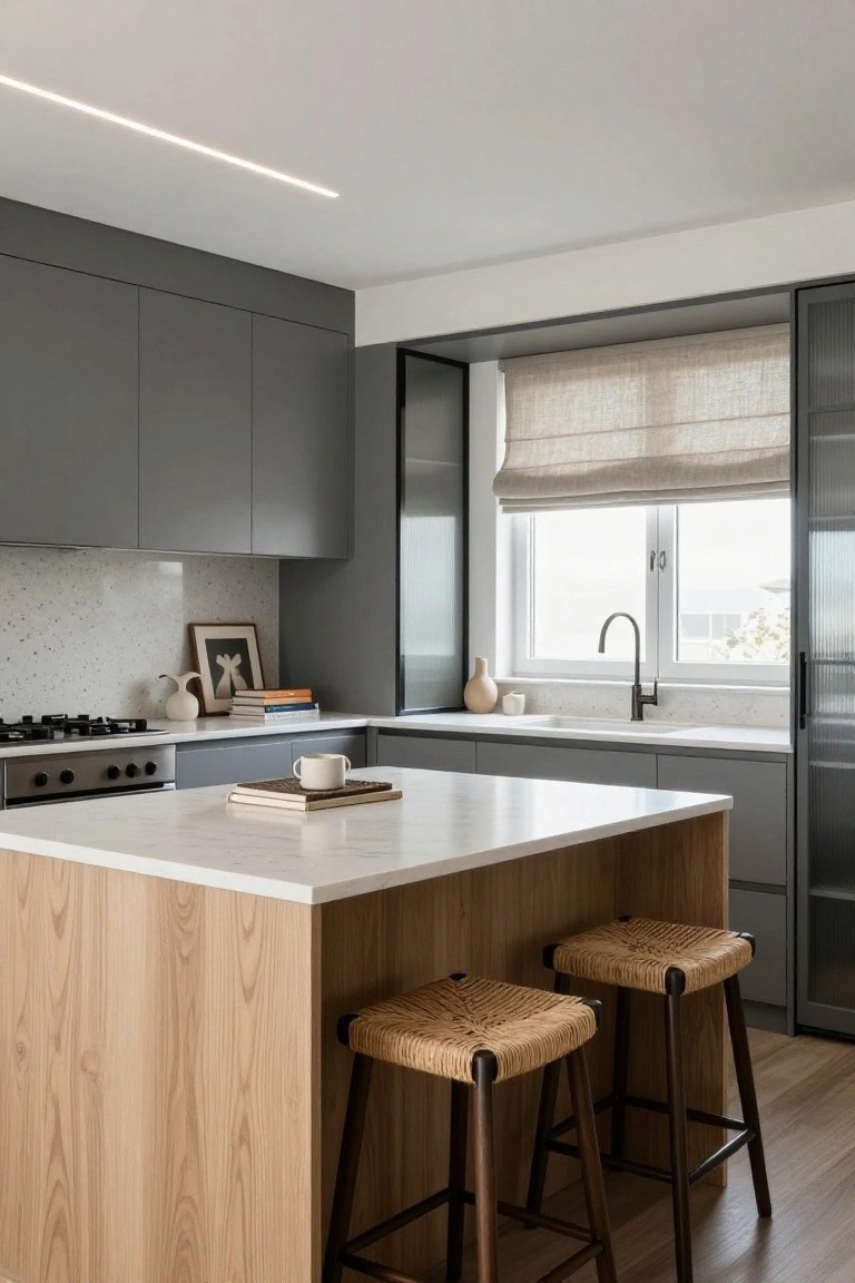 Modern kitchen interior with matte gray cabinets, light oak island base topped with white quartz, two rattan bar stools, gas cooktop, speckled white backsplash, and large window with linen shades.