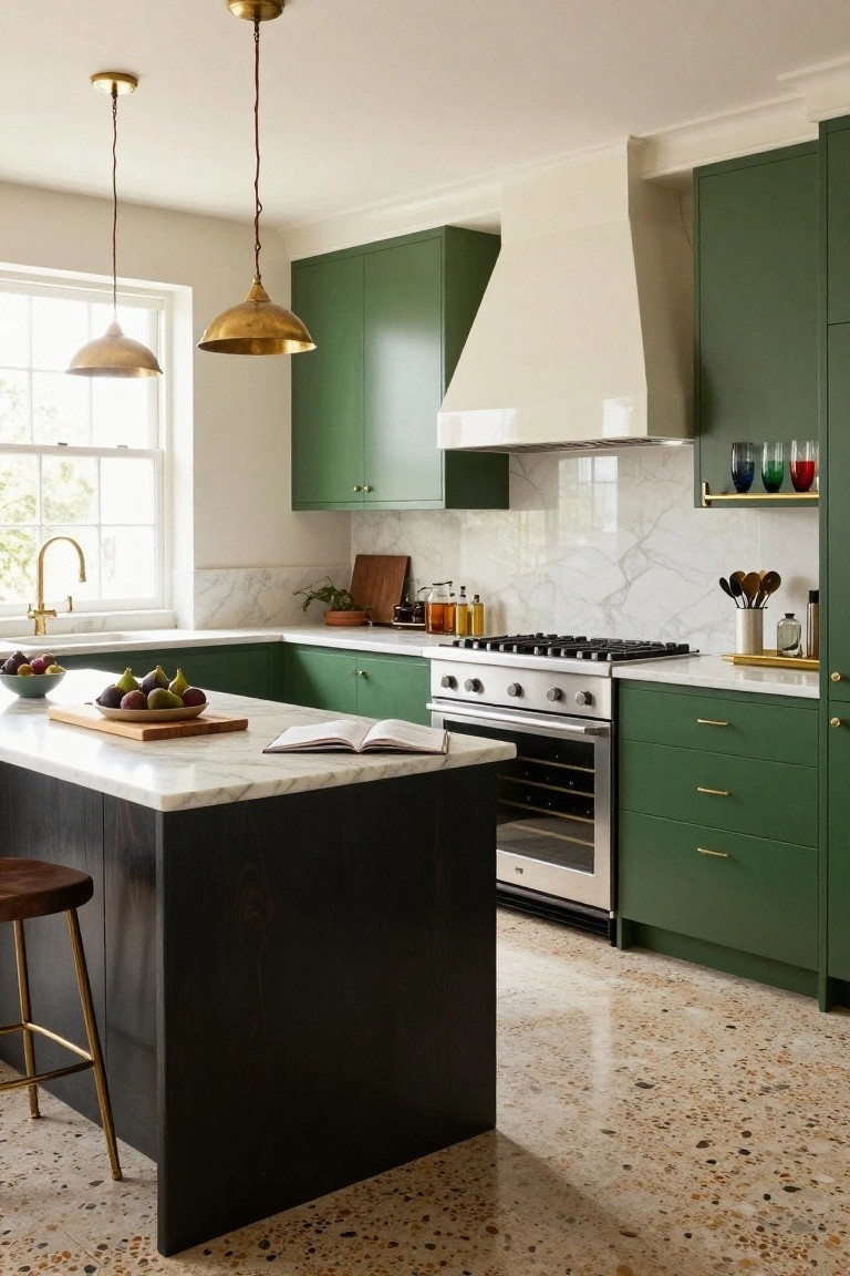 Kitchen interior with deep green cabinets, white marble counters and backsplash, black island with wood cutting board top, brass pendant lights, gold faucet, and terrazzo tile floor.