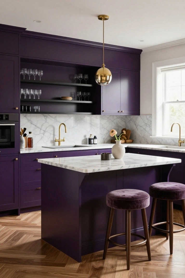 Modern kitchen with deep purple cabinets, white marble countertops and backsplash, gold faucets and pendant light, central island with purple velvet stools, and herringbone wood flooring.