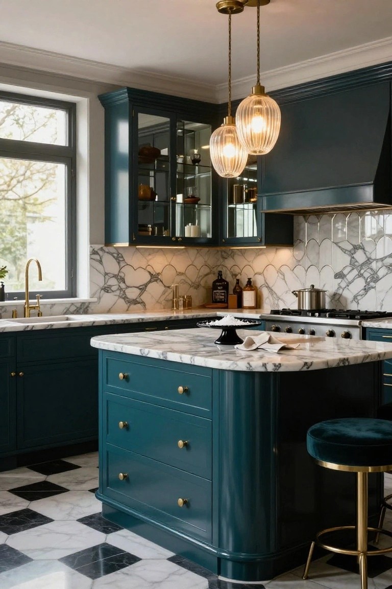 A kitchen interior with deep teal cabinets, white marble countertops and scalloped backsplash, gold pendant lights over a range, brass faucet, and black-and-white checkered tile floor.