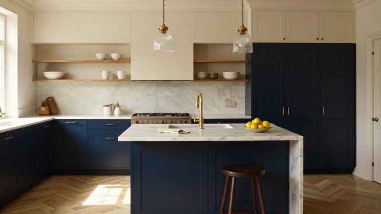 A kitchen interior with navy blue island and lower cabinets, cream upper cabinets, white marble countertops and farmhouse sink, gold faucets and hardware, open wooden shelving, white subway tile backsplash, and herringbone hardwood floors.