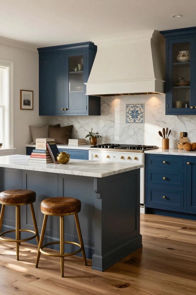 Kitchen with navy blue cabinets, white range hood over gas cooktop, marble island with two leather bar stools, brass hardware, and hardwood flooring.