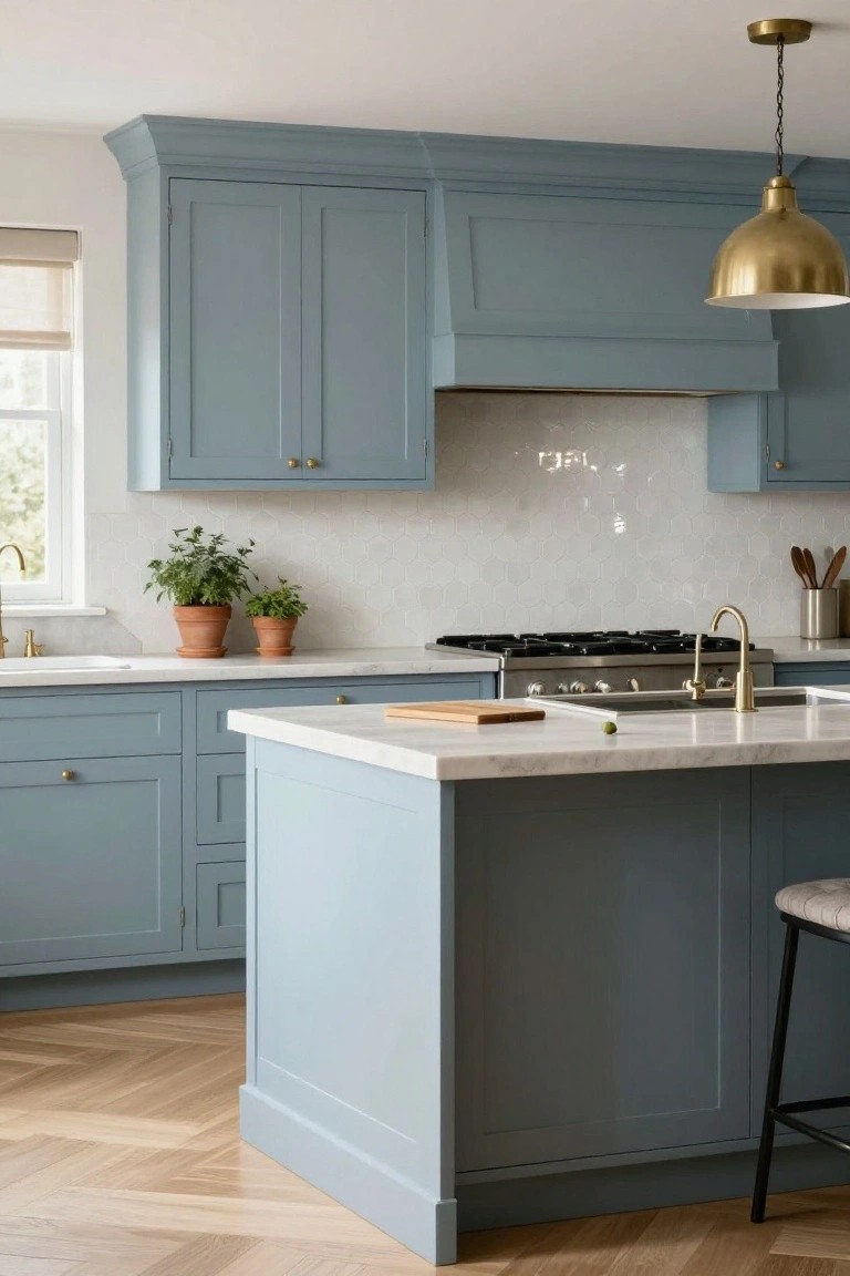 Light blue shaker-style kitchen cabinets with white marble countertops, gold hardware, brass fixtures, herringbone white tile backsplash, and a wood floor.