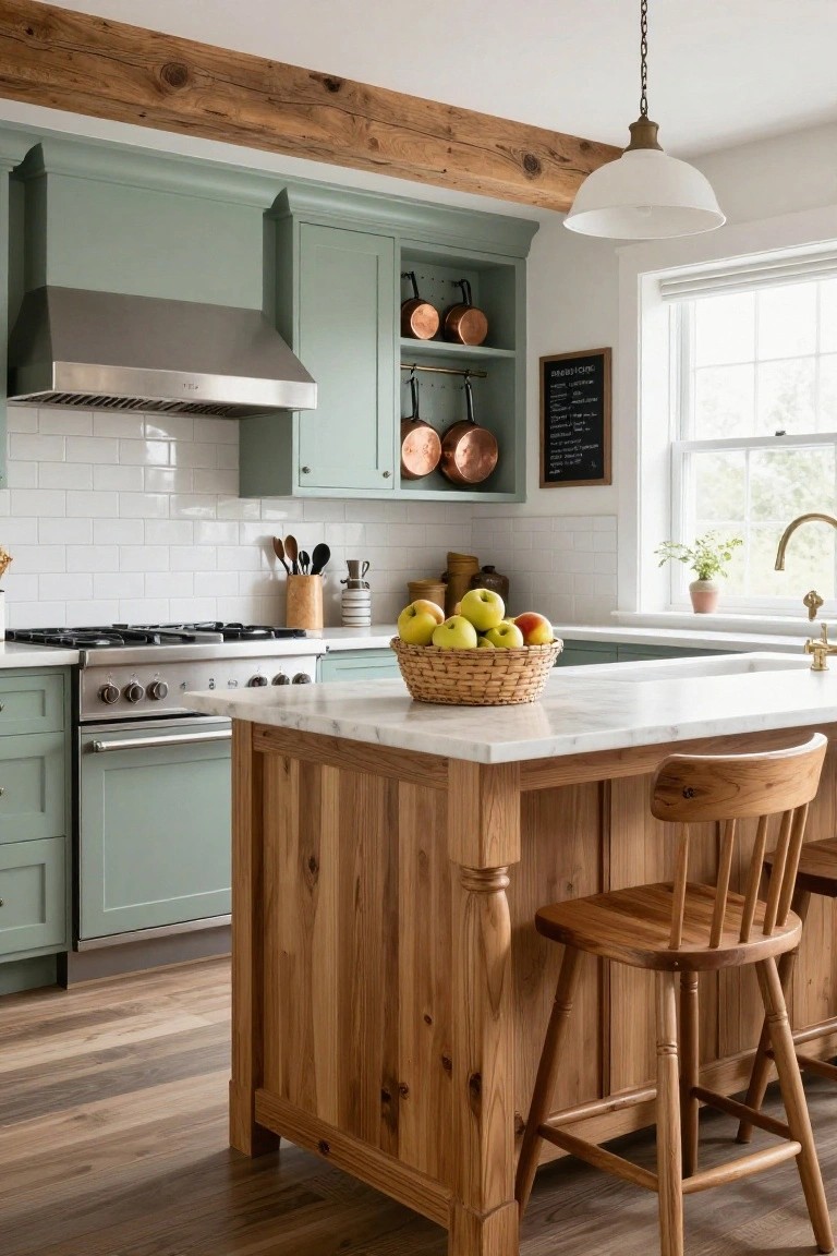 Kitchen with sage green cabinets, wooden island with white marble countertop, stainless steel range hood over gas range, brass faucet, subway tile backsplash, and basket of apples on the island.