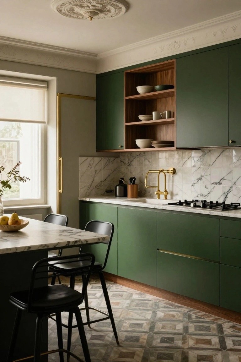 Modern kitchen interior with sage green cabinets, white marble countertops and backsplash, gold faucet and hardware, wooden open shelves, and black bar stools at a central island.