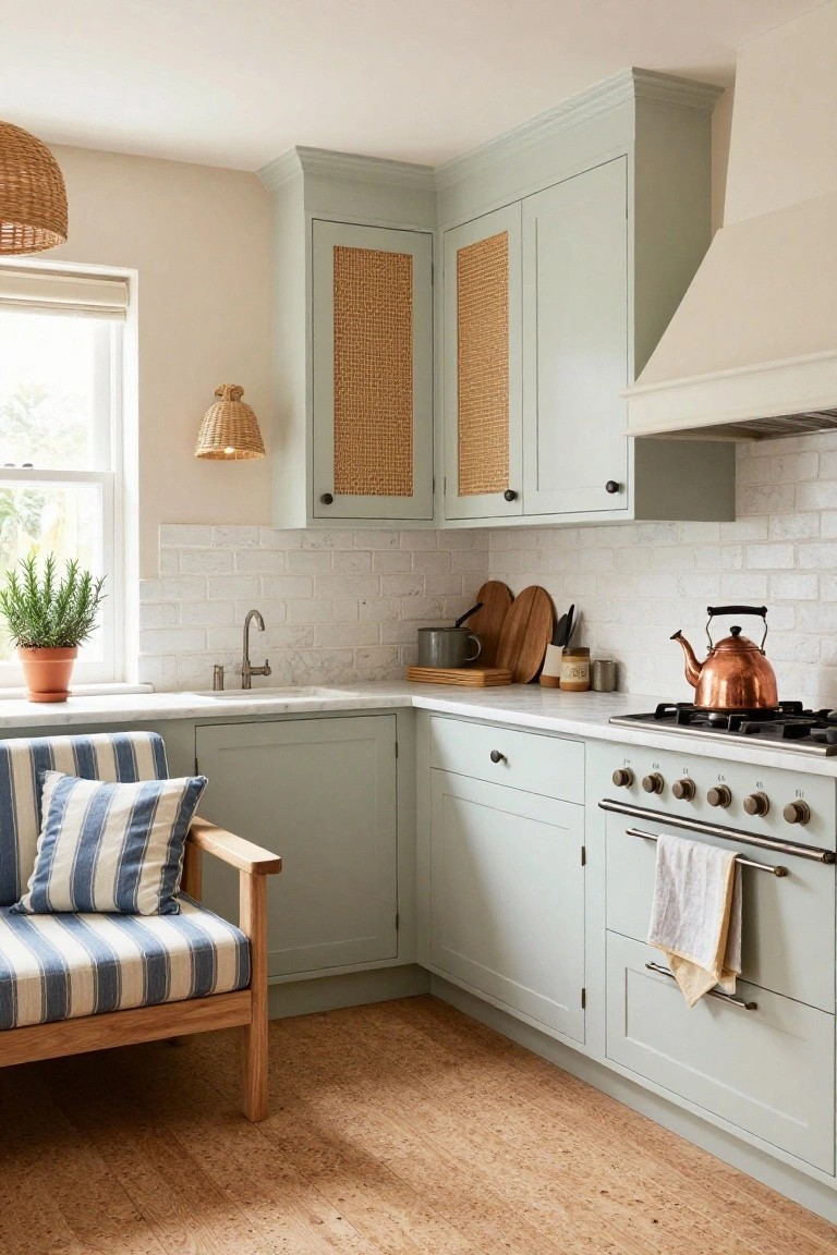 Corner kitchen with light sage green cabinets including rattan-panel doors, white subway tile backsplash, white marble counters, stainless sink and gas range, copper teapot on stove, wooden chair with blue and white cushions, and cork flooring.