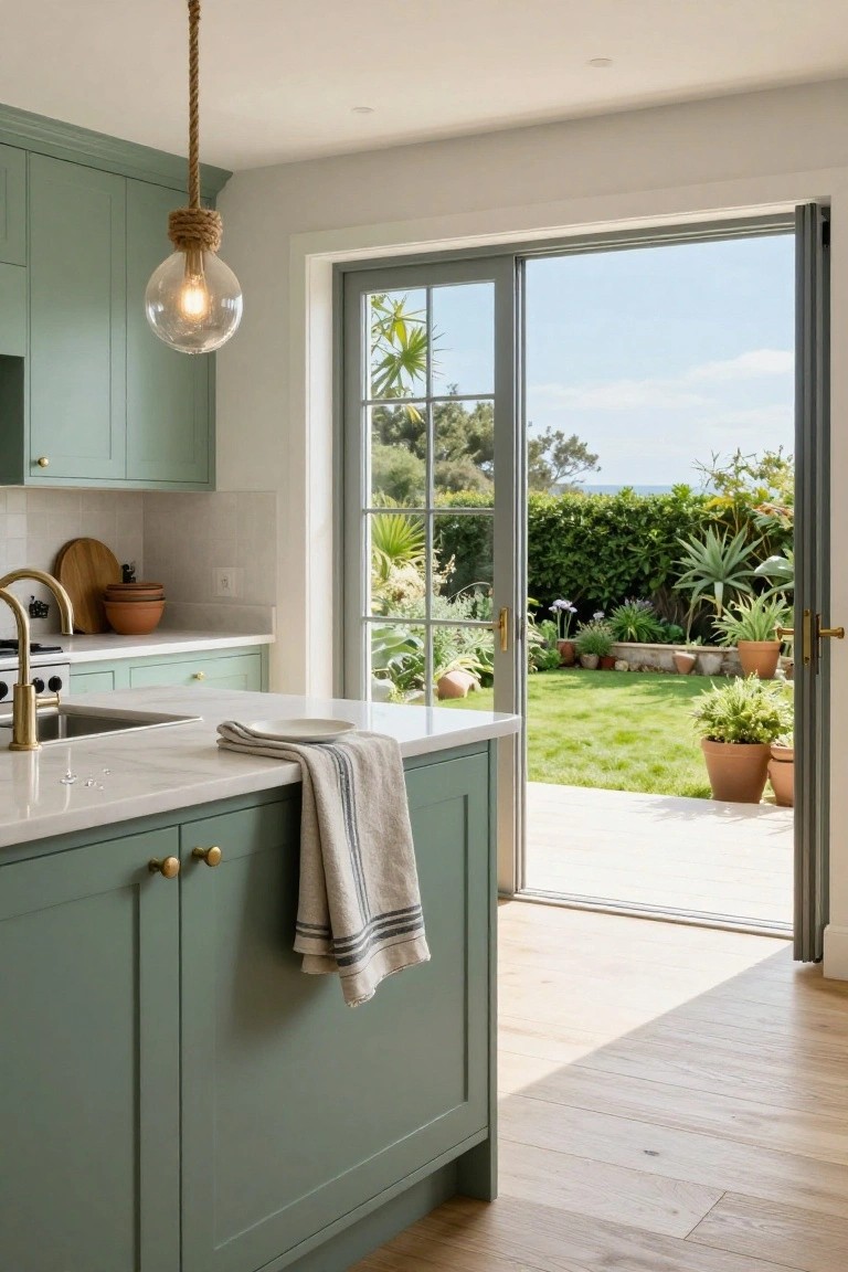 Kitchen interior featuring sage green cabinets, white quartz countertops, brass hardware, wood cutting board, and open glass doors to a garden with plants and lawn.