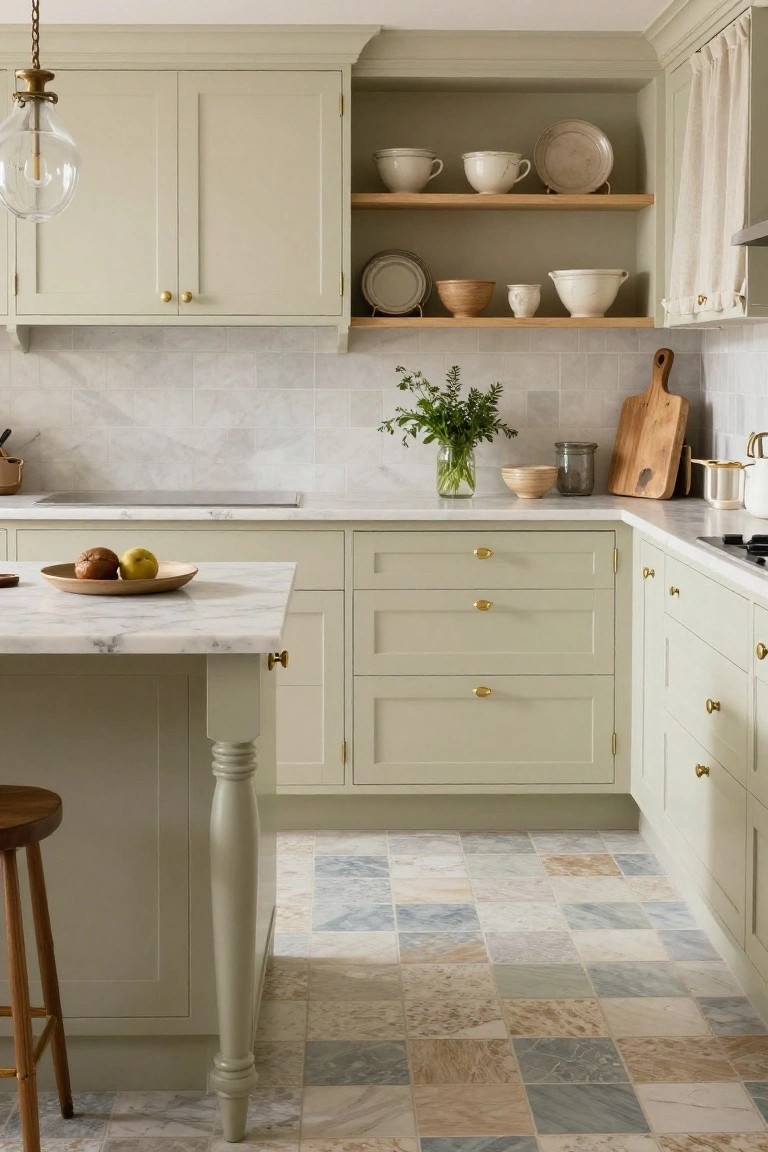 Kitchen with shaker-style pale green cabinets, white marble island and counters, subway tile backsplash, brass hardware, wooden elements, vase of greenery, fruits on counter, and multicolored patterned tile floor.