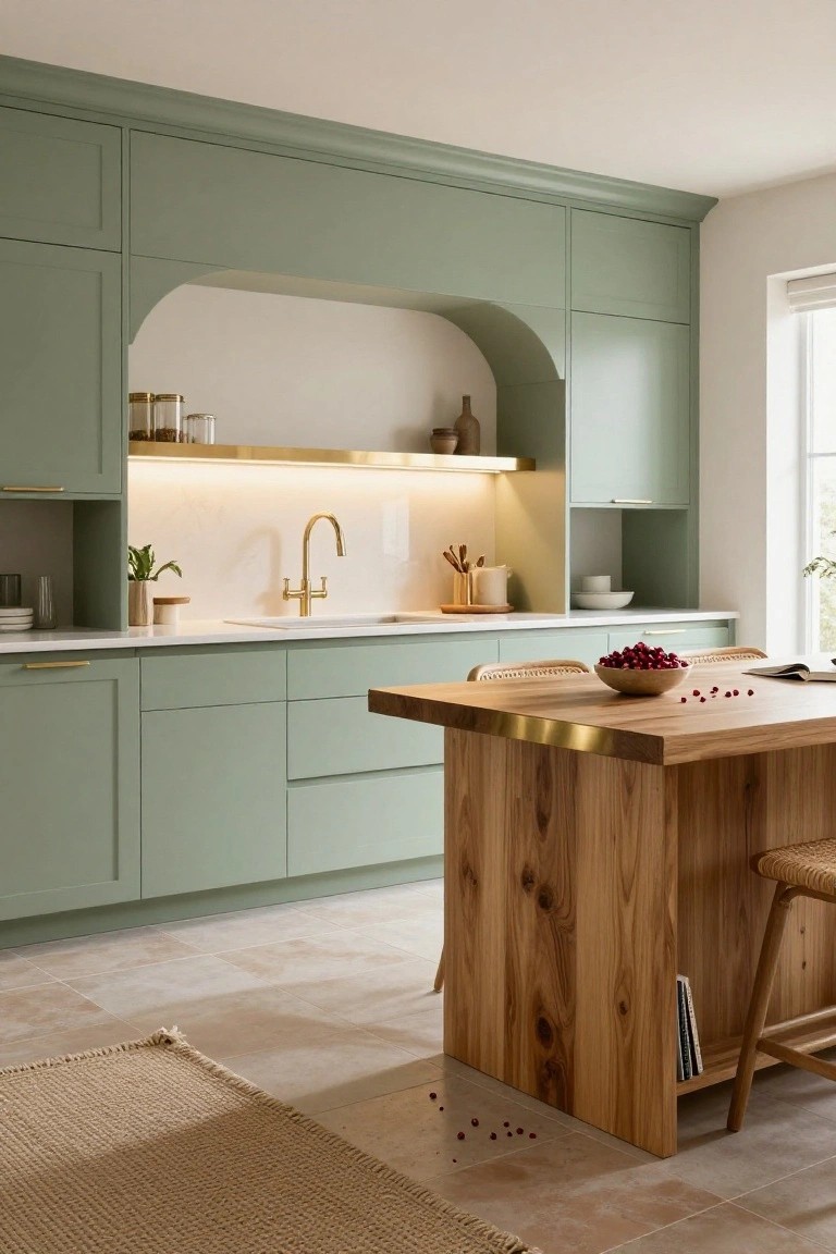 Modern kitchen with sage green cabinets, arched upper cabinetry, white countertops, gold faucet and hardware, wooden island with brass edging, rattan stools, and beige tiled floor.