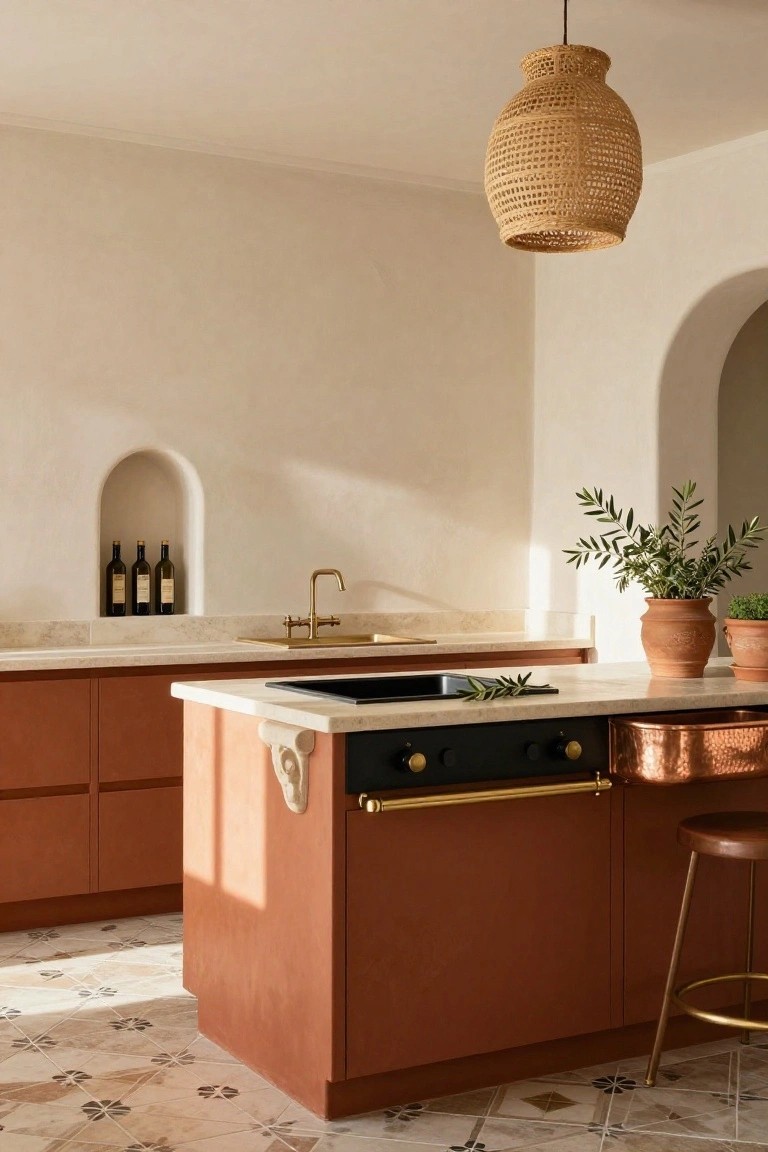 Kitchen with terracotta lower cabinets and island, beige stone counters and walls, arched niche holding three wine bottles, brass faucet and stove handles, black cooktop, woven pendant light, potted olive plants, and tiled floor.
