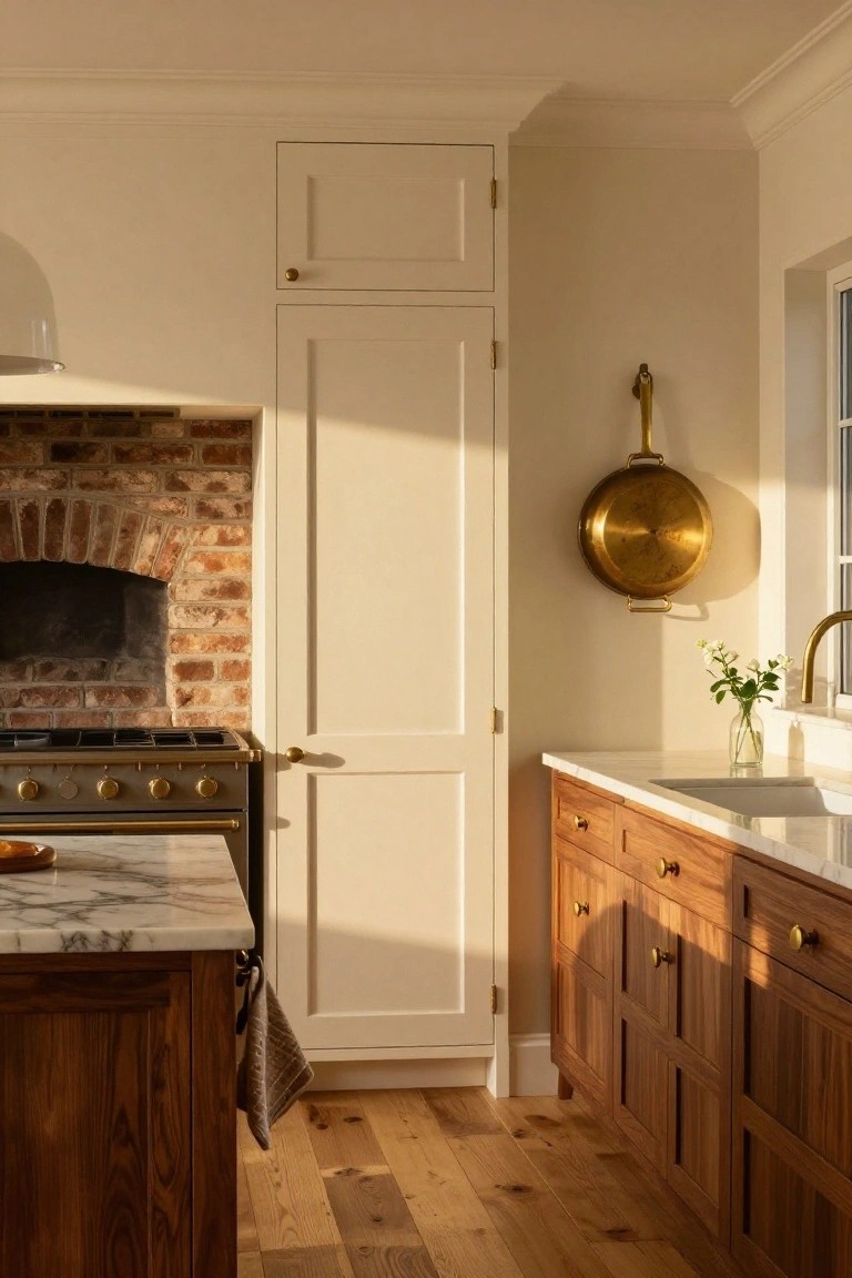 Kitchen interior with tall creamy white paneled cabinets beside a brick arched oven, a dark wood island topped in white marble, brass hardware and hanging pot, wood lower cabinets, and oak flooring.