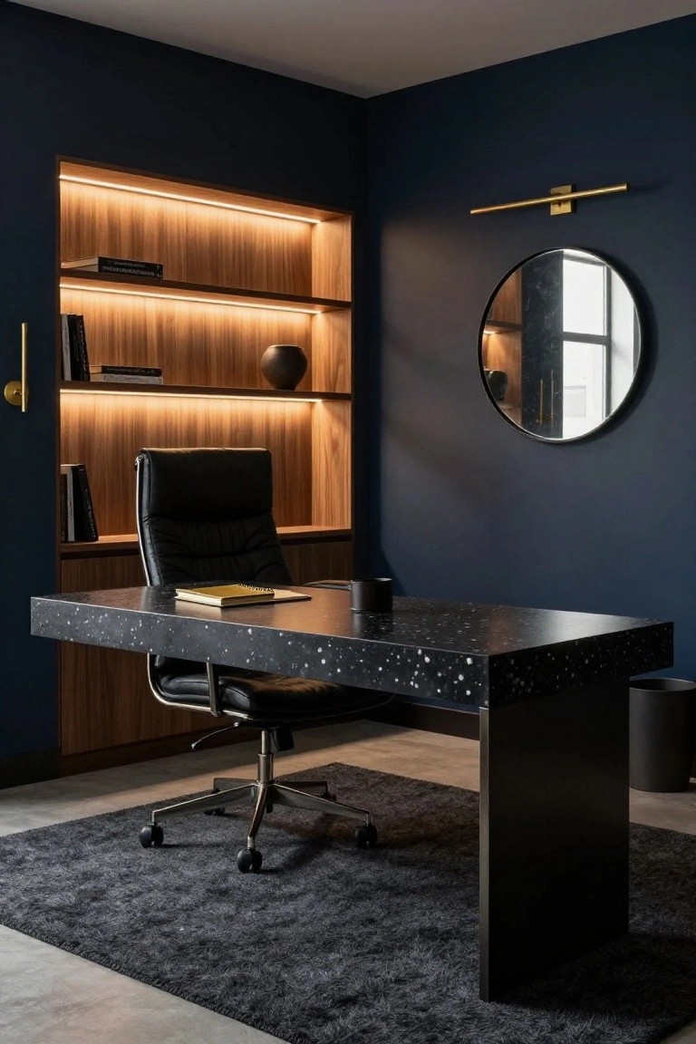 Minimalist office with navy blue walls, backlit wooden bookshelves, black leather desk chair, terrazzo-topped desk, round mirror, gold wall lamp, and gray rug.