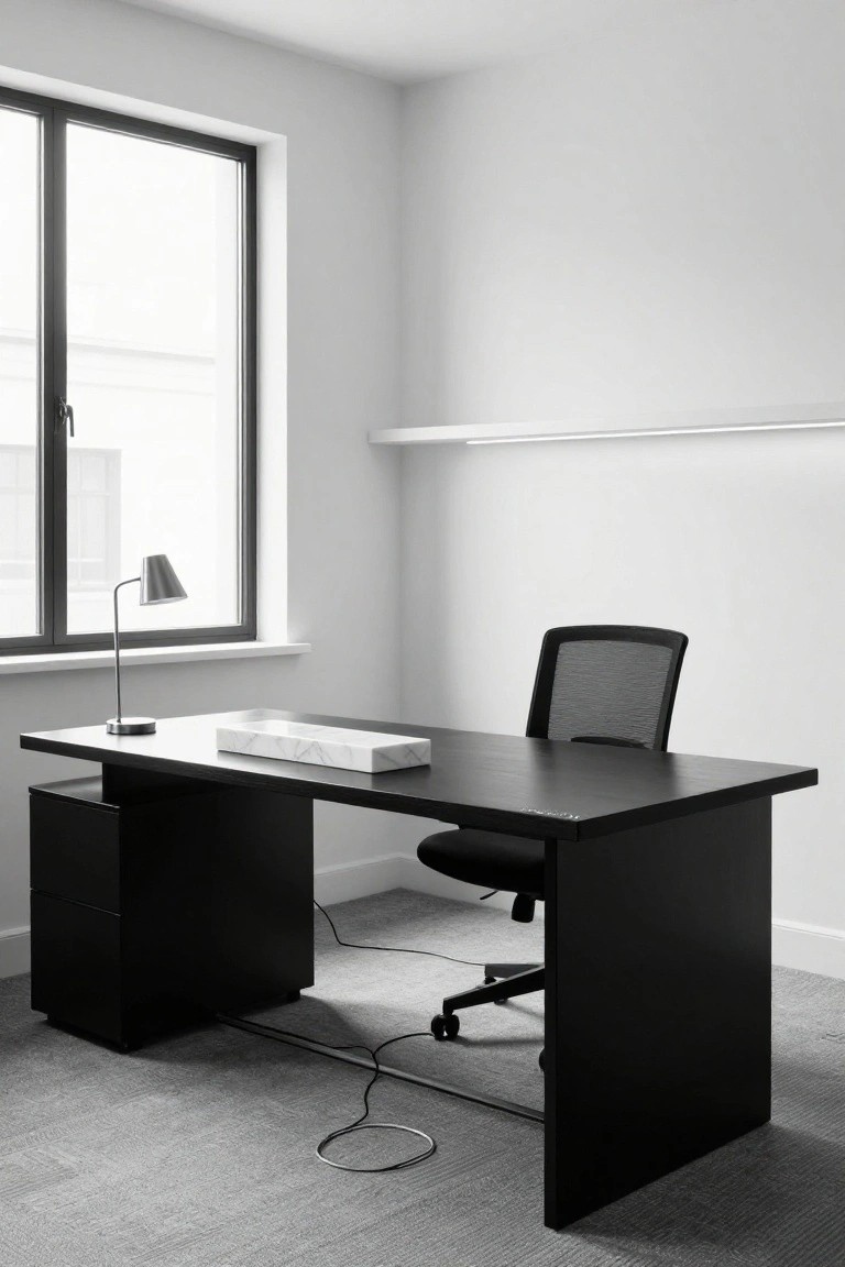 Black and white photo of a minimalist office room with a rectangular black wooden desk holding a white marble rectangular tray and a gooseneck desk lamp, a black mesh office chair, white walls, a large window, and gray carpet floor.