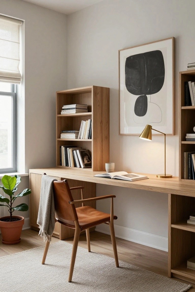 Light oak built-in shelving units with books flanking a long wooden desk holding an open book and mug, tan leather armchair with gray throw, potted fiddle leaf fig, brass desk lamp, large black abstract wall art, sheer window shade, and beige walls on light wood floor.