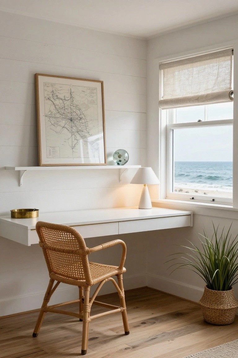 White floating desk mounted in the corner of a shiplap-walled room next to a large window overlooking the ocean, with rattan chair, shelf holding lamp and glass orb above the desk, framed map on wall, and potted plant on floor.