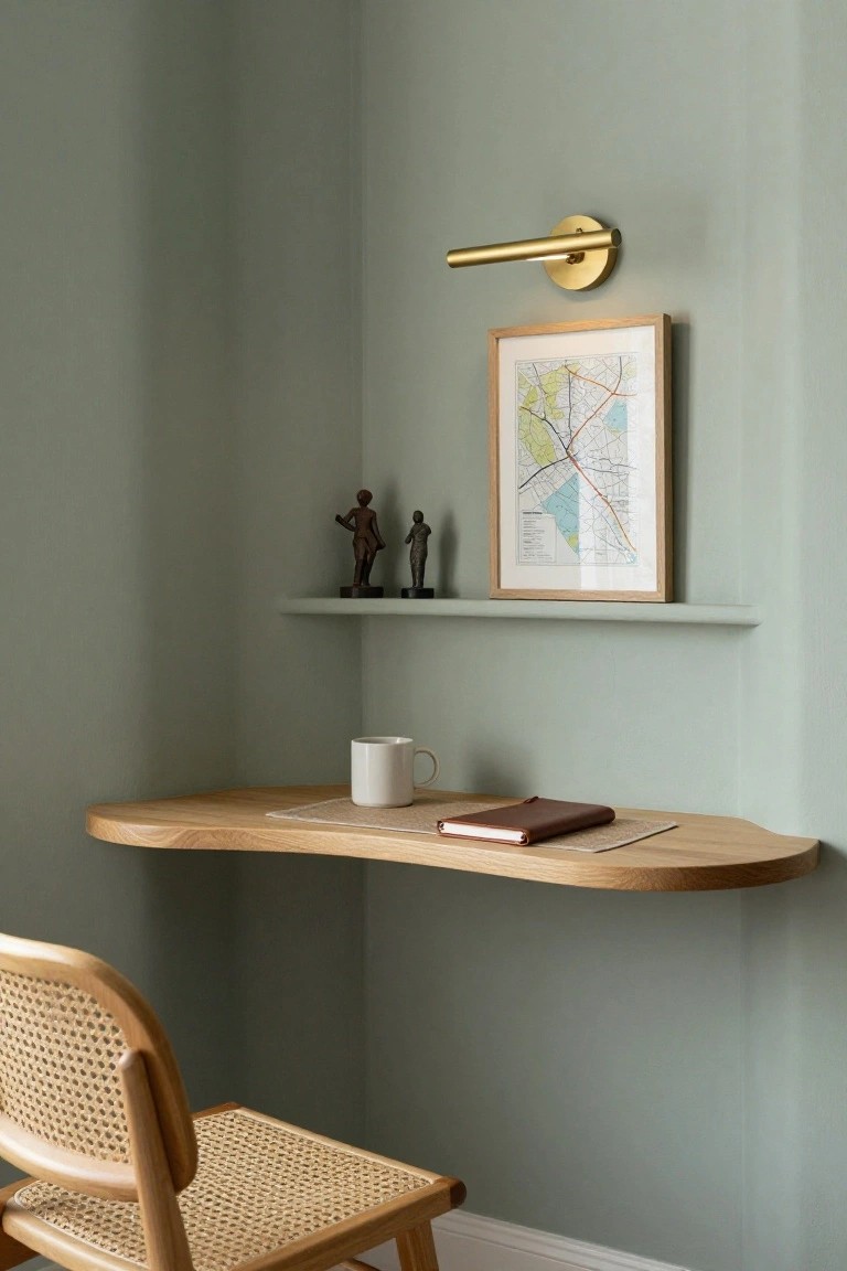 Pale green corner room with floating curved oak desk holding a white mug and leather notebook, rattan chair below, wooden shelf above displaying bronze sculptures and framed map, brass wall light mounted nearby.