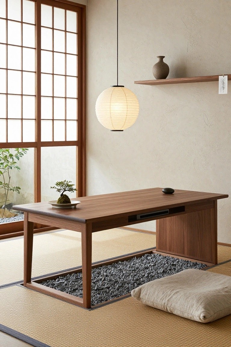 A low wooden desk with tapered legs positioned over a sunken rectangular pit filled with dark pebbles, in a minimalist Japanese-style room with tatami flooring, shoji screens, bonsai tree, paper lantern, and beige walls.