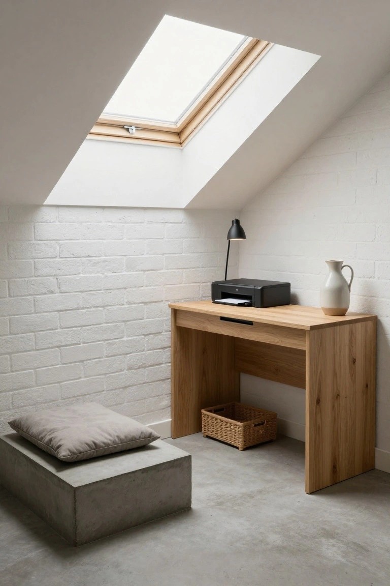 A minimalist loft office with white brick walls, a light oak desk holding a black printer, a desk lamp, a white vase, and a wicker basket nearby, plus a concrete stool with gray cushion on a concrete floor under a skylight.