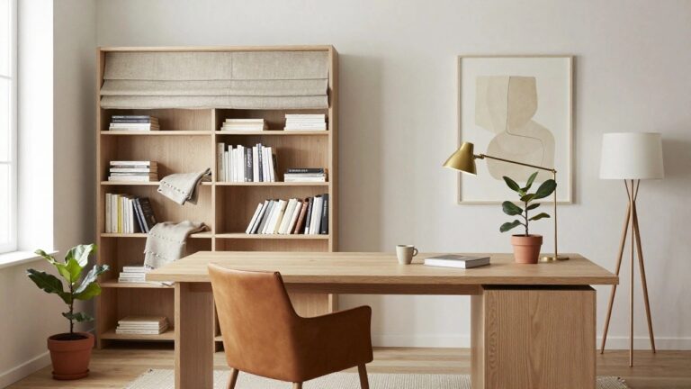 Light oak built-in shelving units with books flanking a long wooden desk holding an open book and mug, tan leather armchair with gray throw, potted fiddle leaf fig, brass desk lamp, large black abstract wall art, sheer window shade, and beige walls on light wood floor.