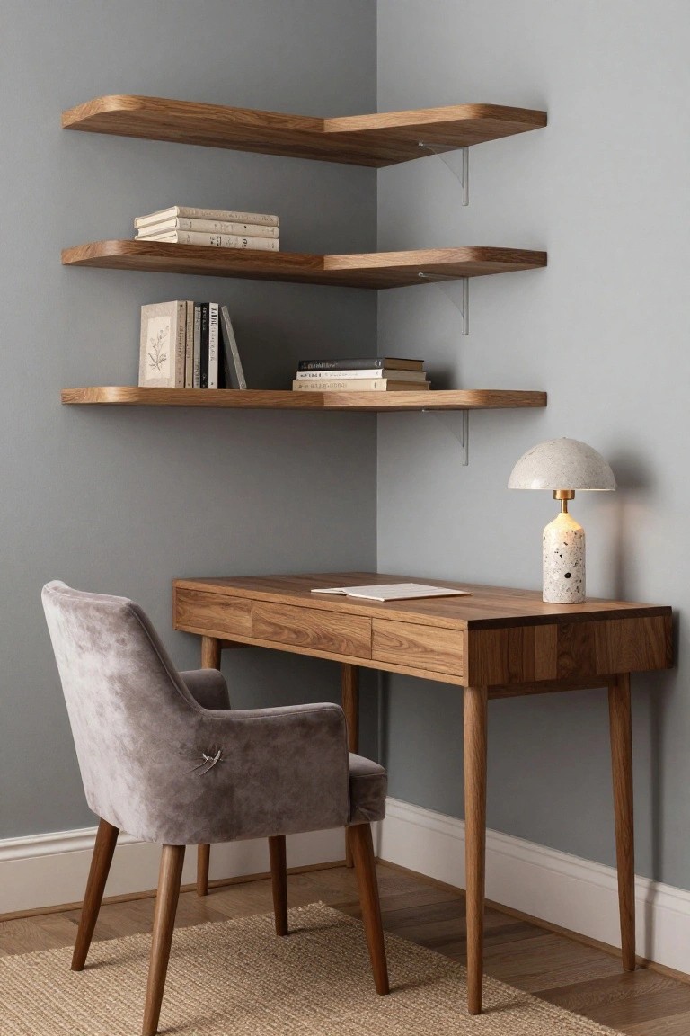 Corner of a minimalist home office with three curved floating oak shelves holding books and decor, wooden desk with drawers and gray velvet armchair, stone table lamp, on wood floor with beige rug and gray walls.