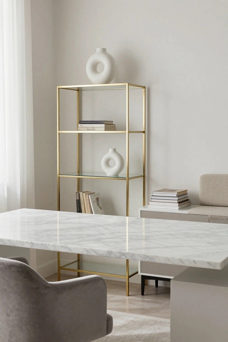 Minimalist office with white marble desk, gold open shelving unit holding white ceramic vases and books, gray velvet chair, beige stool, and neutral walls.