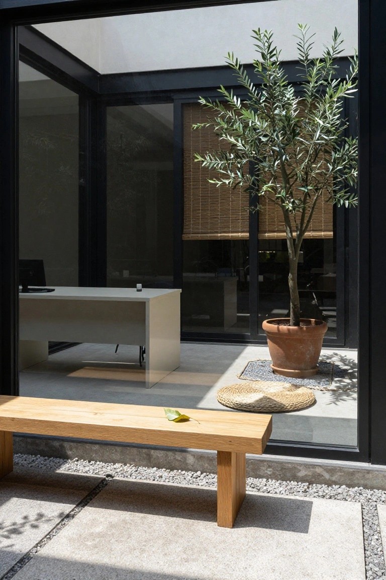 Modern courtyard with wooden bench, olive tree, and minimalist office interior.