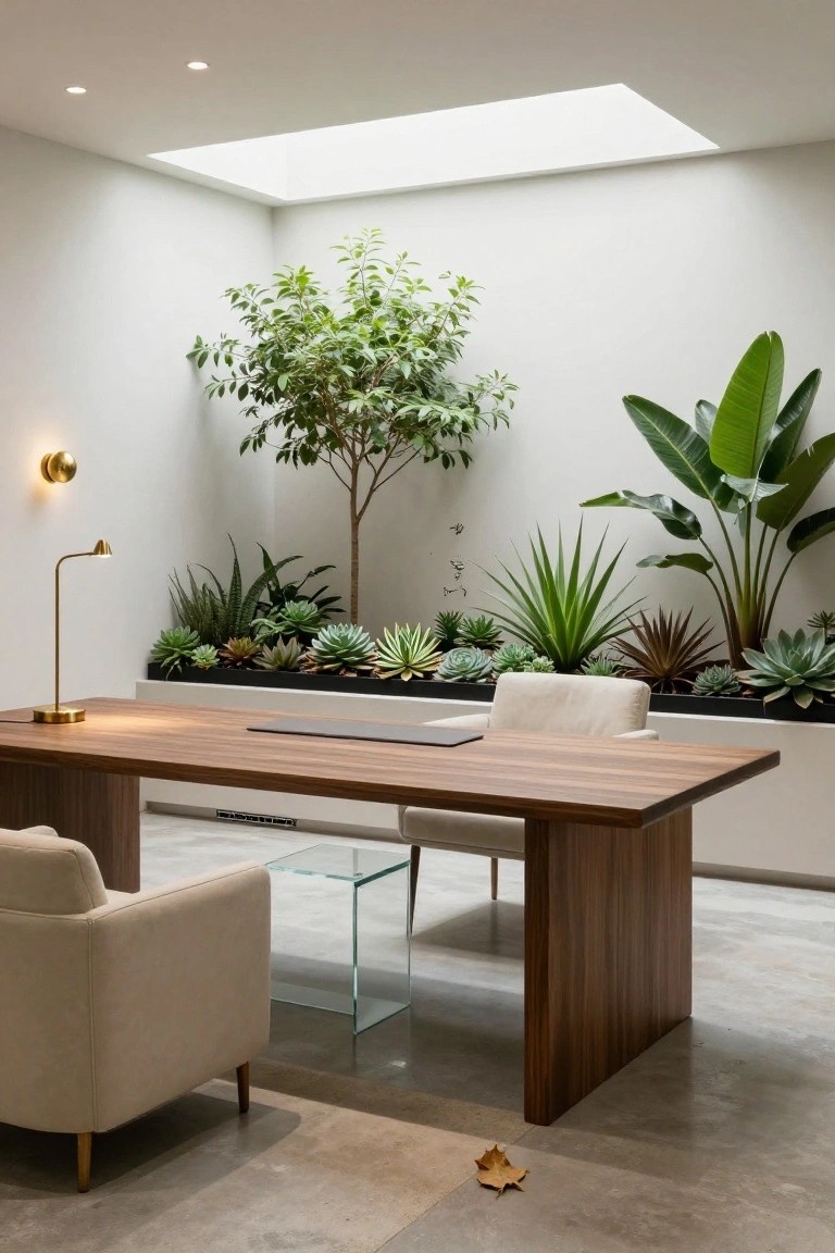 Modern office with wooden desk, beige chairs, and lush indoor garden.