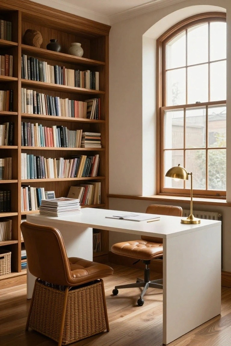 Home office with tall wooden built-in bookshelves filled with colorful books, a white desk holding stacked magazines, papers, and a pencil, tan leather chairs, a gold dome desk lamp, and a large arched window with natural daylight.