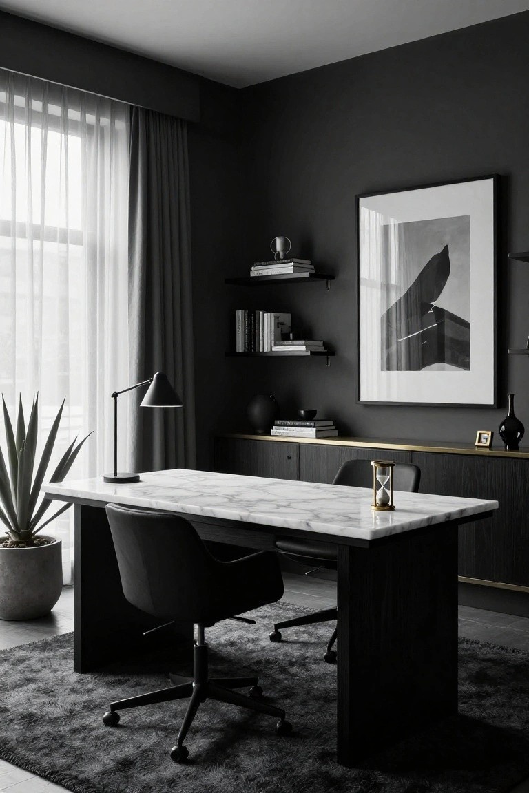 Minimalist home office with charcoal gray walls, white marble-topped desk on black wood base, black leather chair, adjustable desk lamp, floating shelves with books, potted succulent plant, large abstract black-and-white photograph, and sheer window curtains.