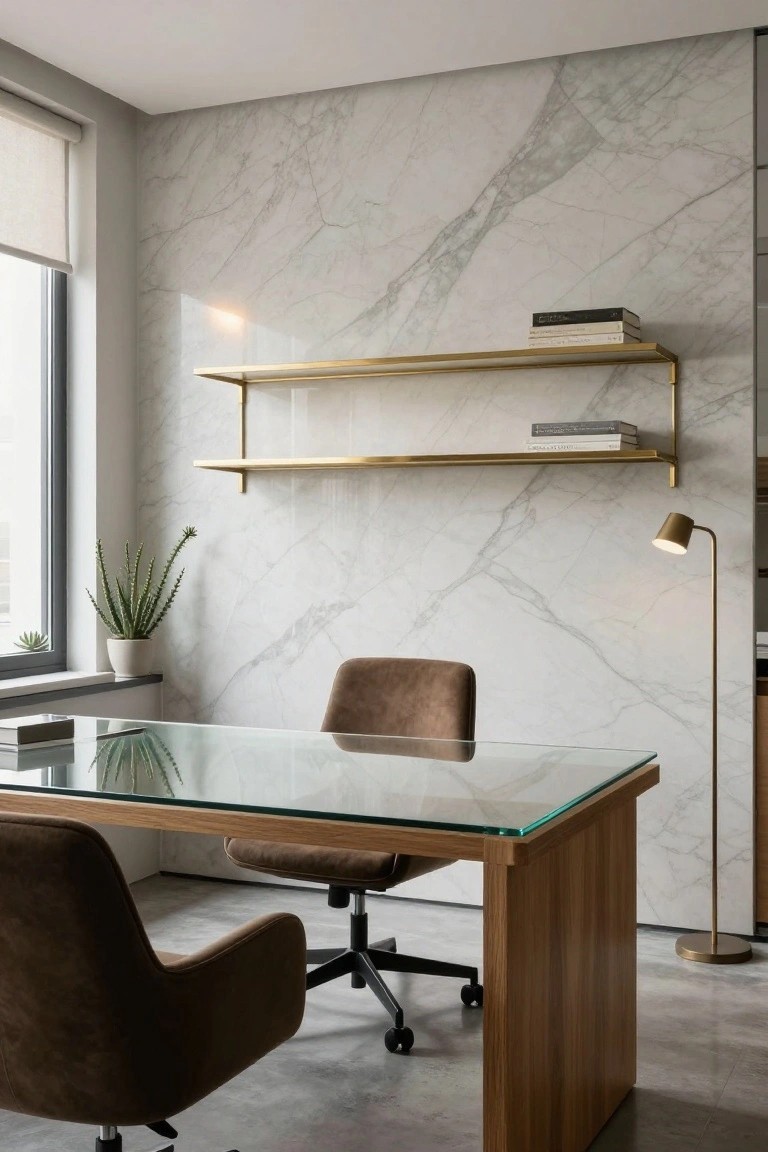 Modern minimalist home office with light gray marble wall, glass-top oak desk, two brown leather chairs, gold floating shelves with books, potted succulents, and arched gold floor lamp by a window.