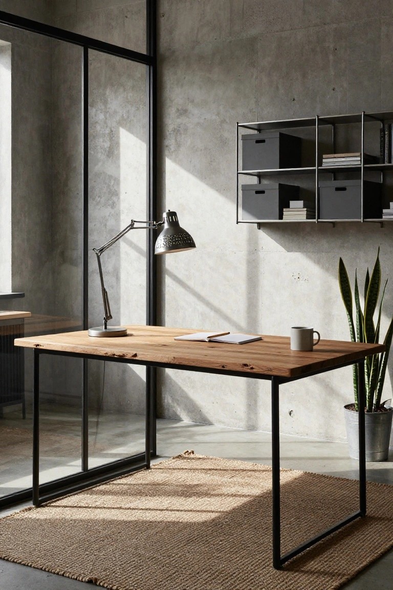 Minimalist wooden desk with black frame, lamp, and concrete wall.