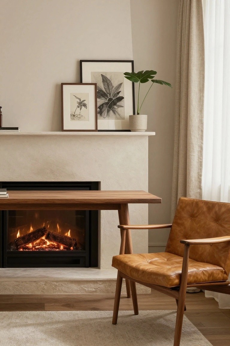 Beige interior room with modern black fireplace, protruding wooden bench in front as desk surface with open book, tan leather armchair beside, framed botanical art and potted plant on mantel, sheer curtains on window, light wood floor and neutral rug.