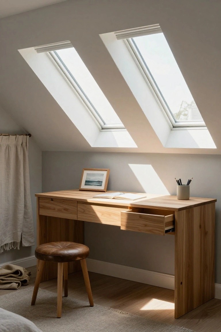 Wooden desk with open drawer, leather stool, notebook, pens, and small framed artwork in gray attic room with two skylights.
