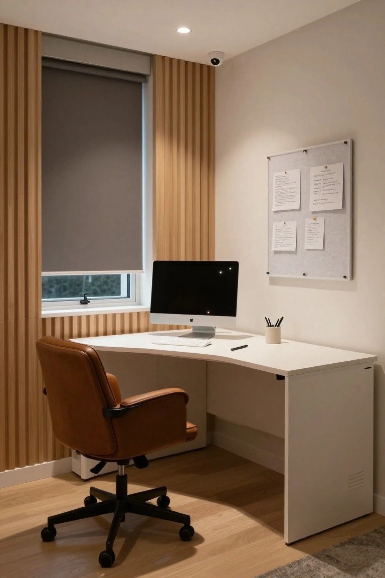 Corner home office featuring a white L-shaped desk with iMac monitor, tan leather swivel chair, vertical wooden slat wall, roller blind window, and corkboard with papers.