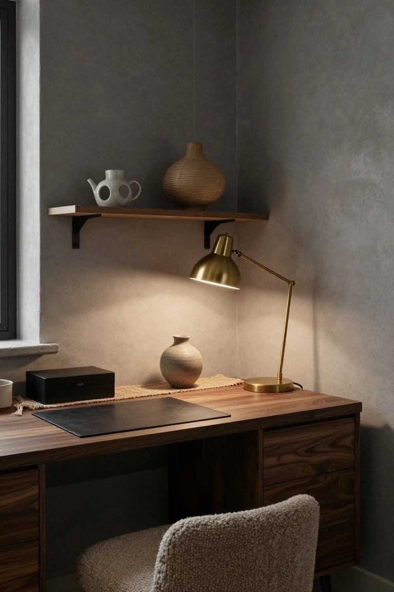 Wooden desk with brass lamp, floating shelf, and bouclé chair.