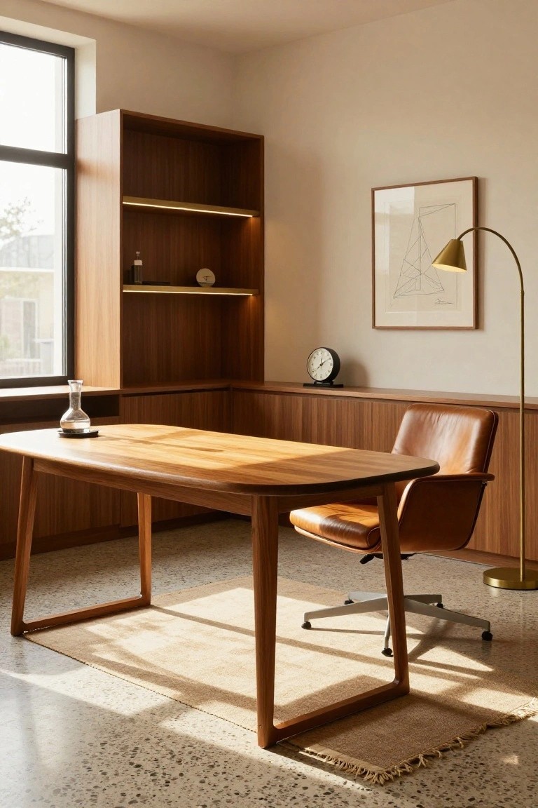 A minimalist home office corner featuring a light wooden oval desk with matching built-in cabinets and open shelves, a tan leather swivel chair, a glass decanter on the desk, and a large window with natural light.