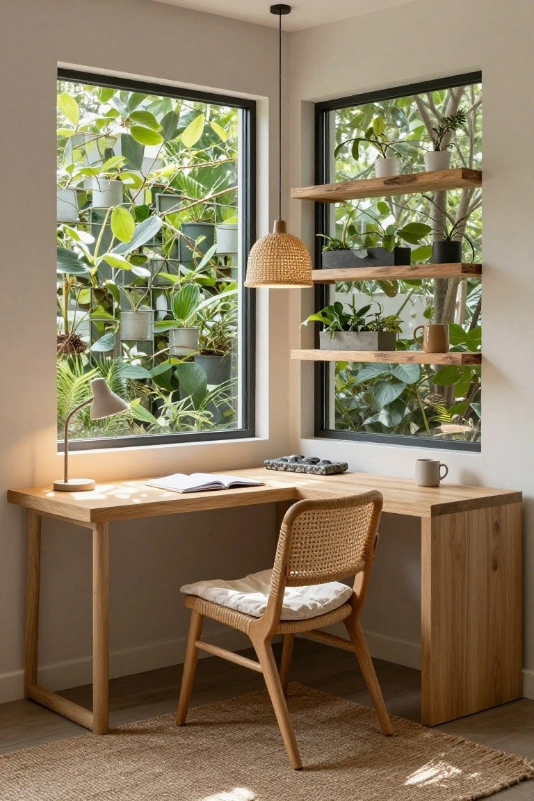 Corner home office with light wooden desk and rattan chair, open notebook and lamp on desk, wooden shelves holding plants above large windows filled with hanging greenery, seagrass rug on floor.
