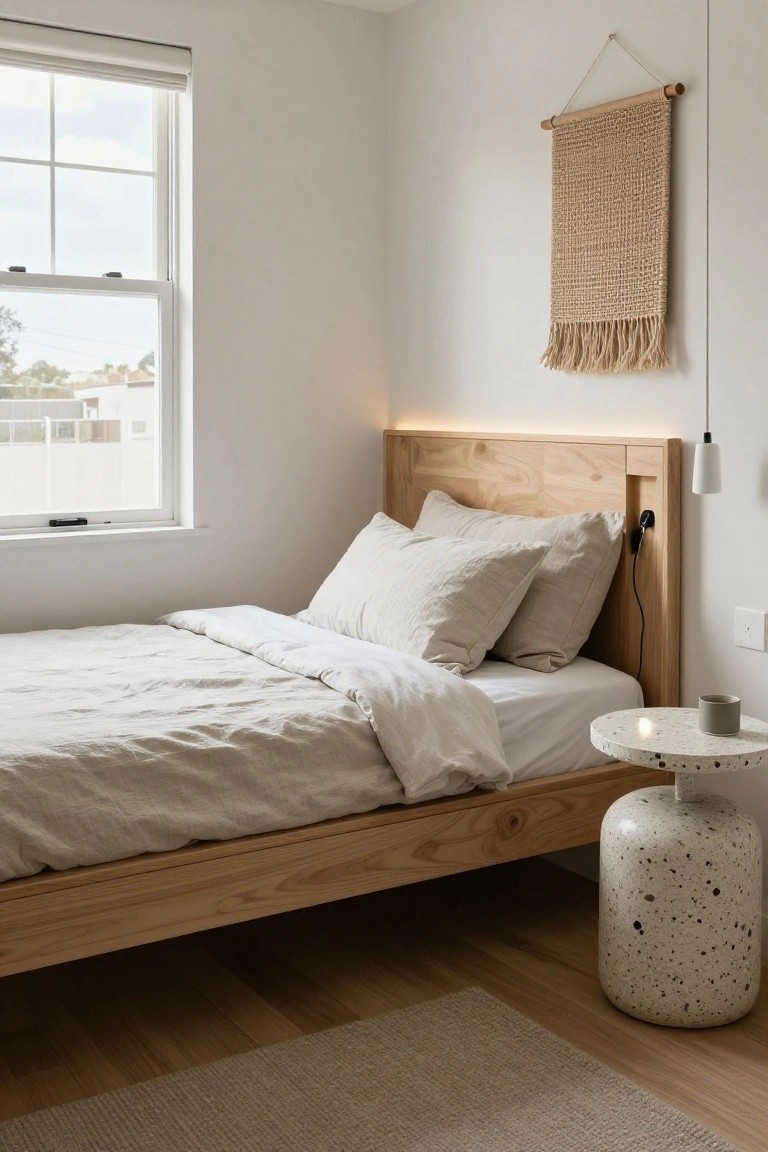 Minimalist bedroom with a low wooden platform bed, light gray linen bedding and pillows, integrated LED lighting behind the headboard, terrazzo side table with mug, macrame wall hanging, and large window with blinds.