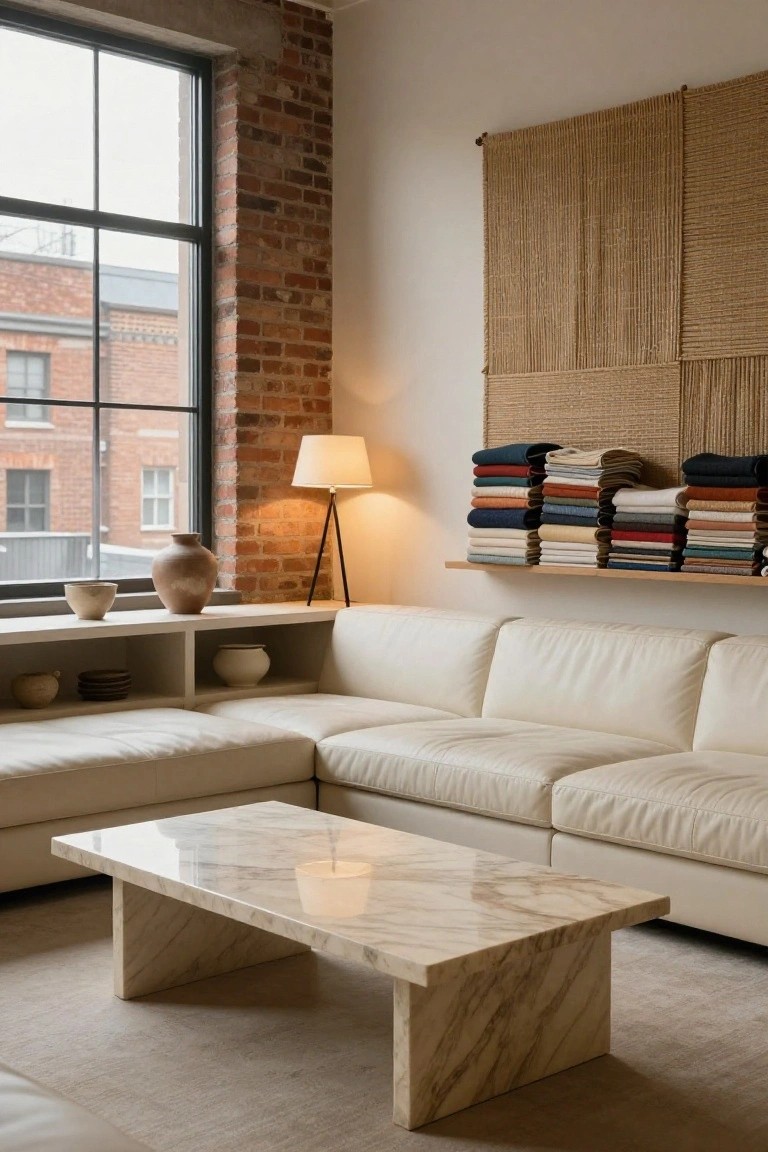 Minimalist living room with cream L-shaped leather sofa, low marble coffee table, wooden shelf stacked with folded throws in various colors, lamp, ceramics, and large window overlooking brick buildings.