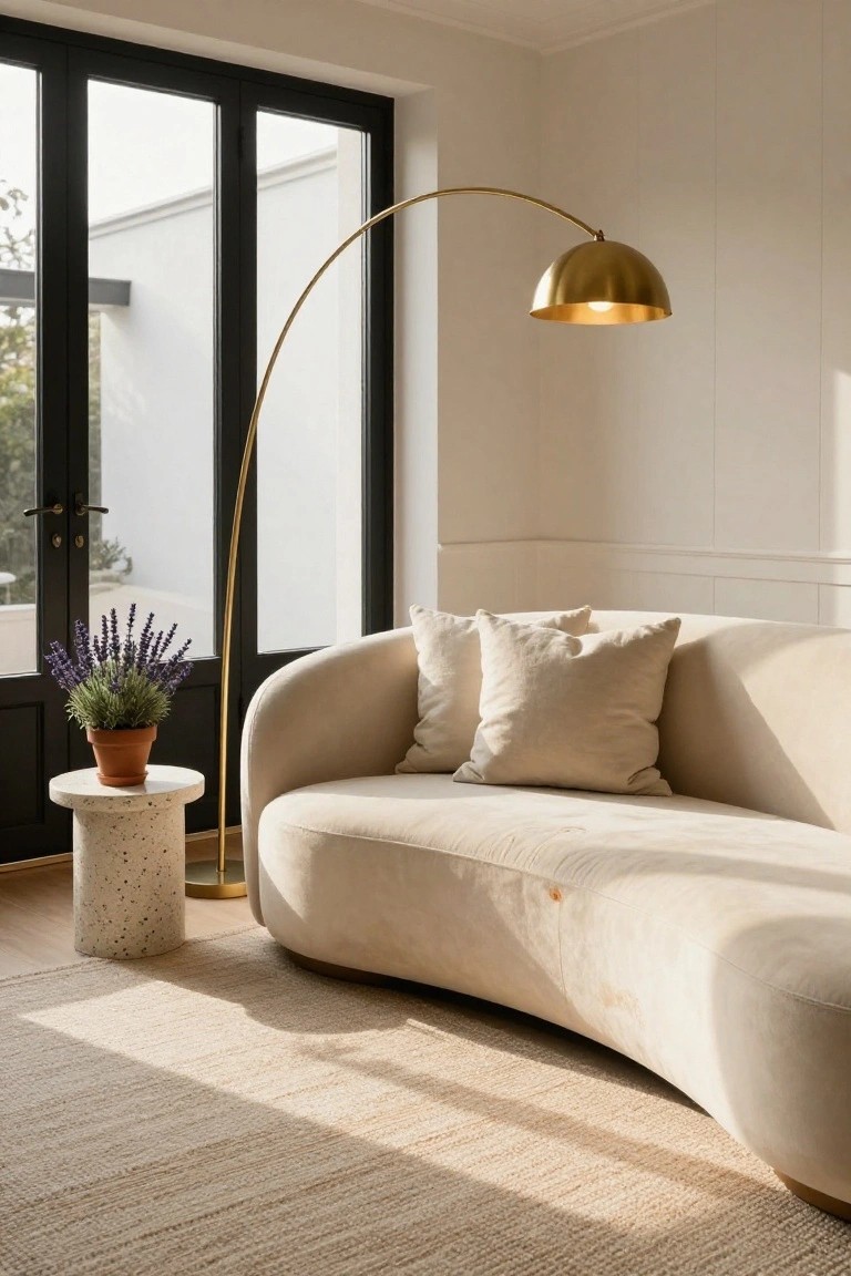 Curved beige upholstered sofa in a white-walled living room with gold arched floor lamp, terracotta pot of lavender on stone pedestal table, and black double doors to outdoors.
