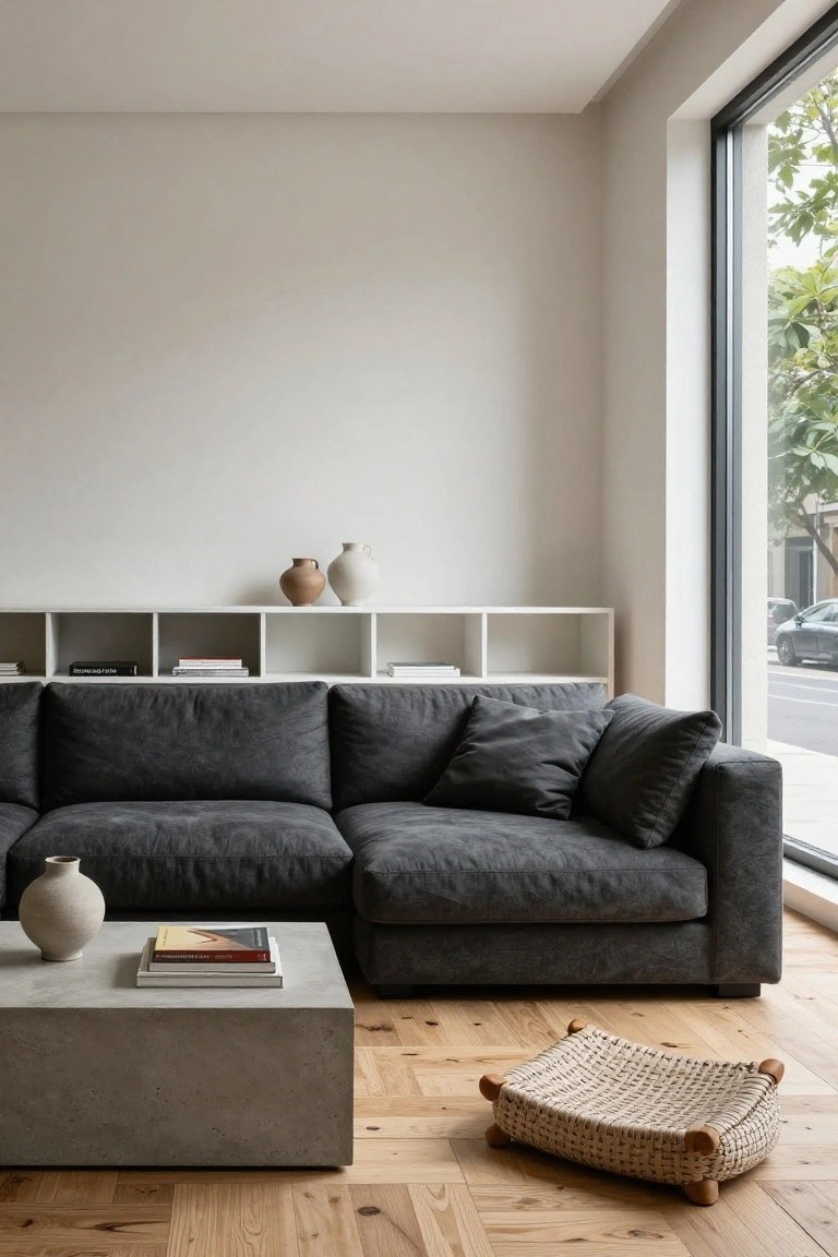 Modern living room corner with L-shaped dark gray sofa, concrete coffee table holding books and vase, white floating shelves with ceramics and books, woven basket on floor, and large window showing street view.